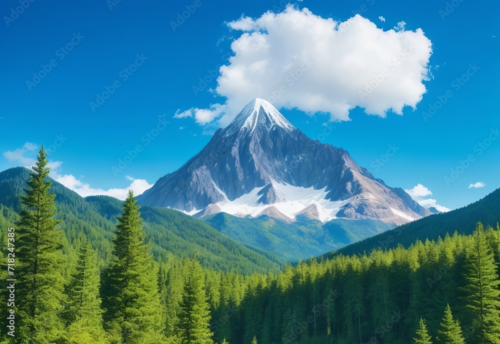 Obraz premium Mountain covered by forest and a blue sky