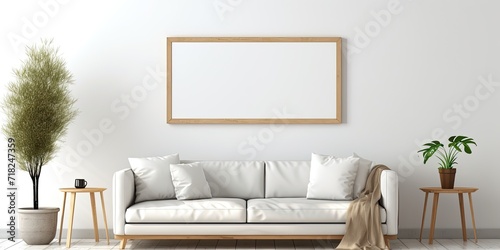 Empty horizontal template for artwork, painting, or poster in a modern living room with a white wall and wooden frame.