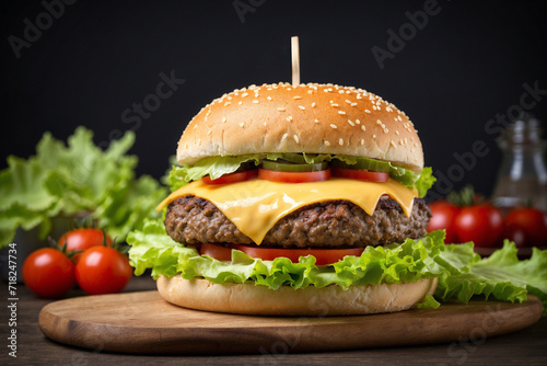 Close-up of giant delicious fresh cheeseburger