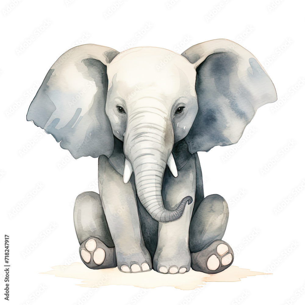 AI-generated watercolor sitting Elephant clip art illustration. Isolated elements on a white background.