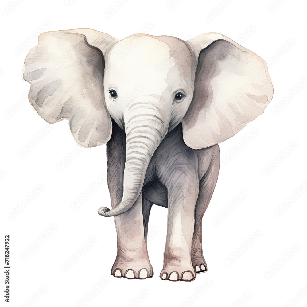 AI-generated watercolor standing Elephant clip art illustration. Isolated elements on a white background.