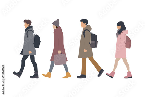 People go to work or study. Men, women and teenagers are walking with backpacks and bags in different clothes. Vector illustration of a set of business people in flat style for design.
