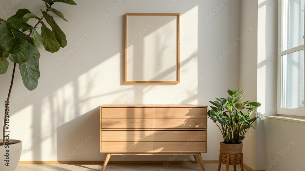 Fototapeta premium Blank wooden poster frame mock up template, room interior in fusion style with white walls on background, wooden dresser and green plants in the corners. Ray of sun