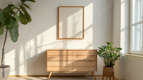 Blank wooden poster frame mock up template, room interior in fusion style with white walls on background, wooden dresser and green plants in the corners. Ray of sun