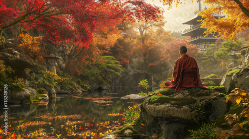Serene autumn scene in Japanese garden with Buddhist monk sitting in meditation near traditional Japanese temple. Leaves on the trees in vibrant shades of orange and red.