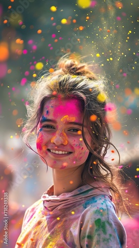 portrait happy smiling young girl celebrating holi festival, colorful face, vibrant powder paint explosion, joyous festival.
