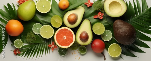 Fresh fruit avocado, grapefruit, lemon, lime, palm leaves, concept of exotic fruit and sea, healthy life.