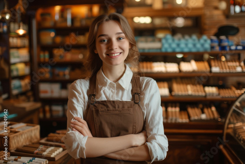 Smiling young woman selling cigars at a tobacco shop photo