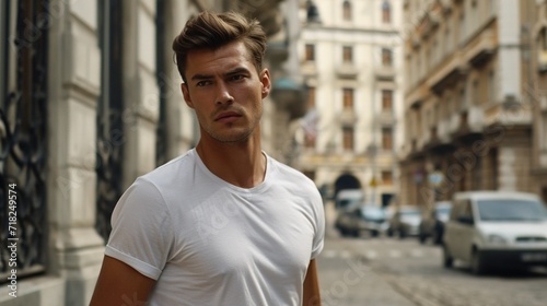 A handsome man in a white t-shirt on a urban street. Created with Generative Ai technology.