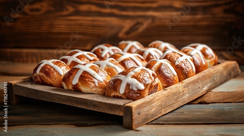 Hot cross buns on wooden photo