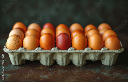 A black case is full of spoiled brown egg. A photo of a carton of eggs with one egg placed in the center, showcasing a contrasting composition. photo