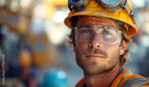 A construction worker wears a hard hat. A construction worker protects his head and eyes by wearing a hard hat and goggles on site. photo