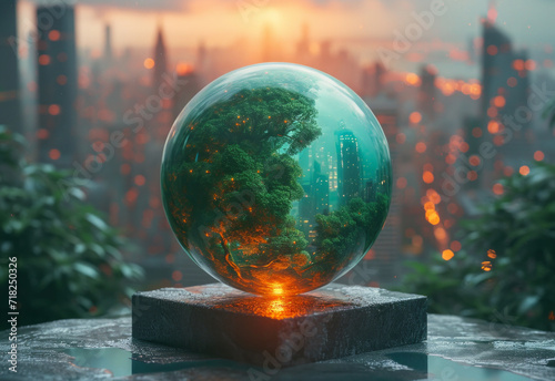 A clear glass ball resting on a wooden table. Green ball on a rim with a cityscape in the background