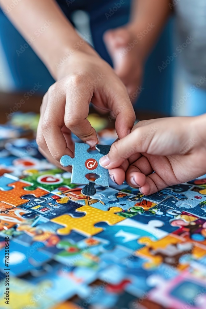 Fototapeta premium Child hands assembling puzzle pieces on a school desk