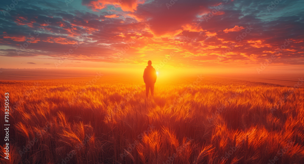 A man standing at the edge of a wheat field. A serene and breathtaking photograph of a man standing in a wheat field as the sun sets, capturing the beauty of nature and tranquility. - obrazy, fototapety, plakaty 