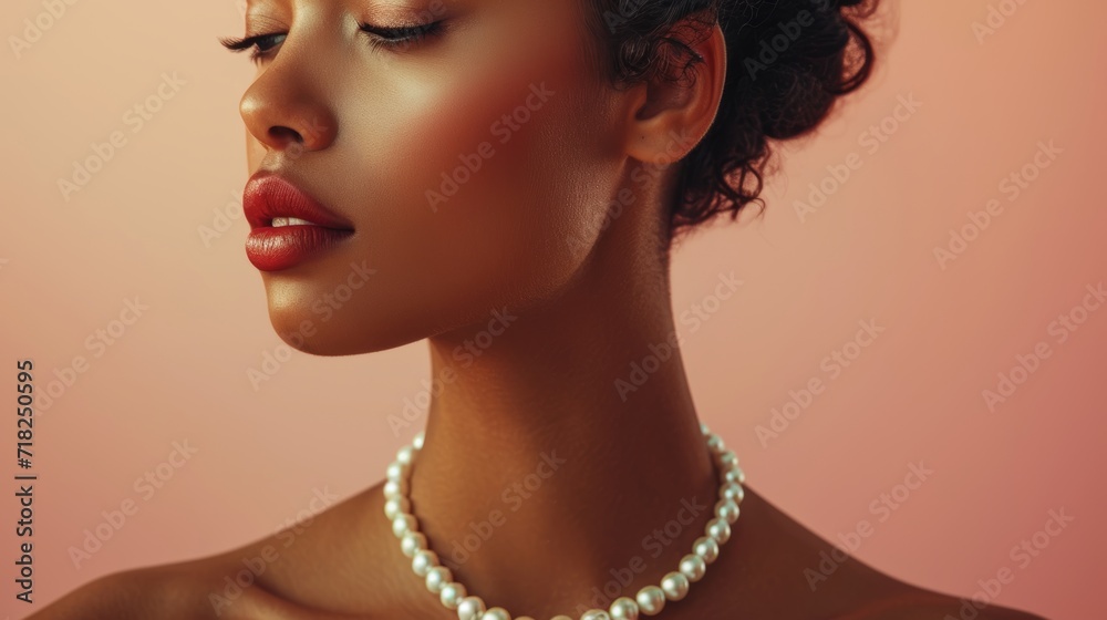 Elegant Woman with French Twist and Pearl Necklace on Champagne Background Generative AI