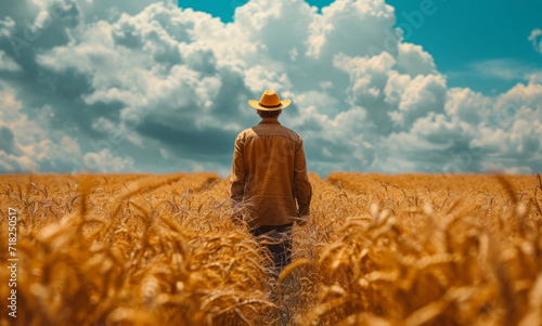A man in a yellow hat walks through a field. A man calmly walks through a golden field of wheat, surrounded by the beauty of nature. © Vadim
