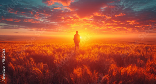 A man standing at the edge of a wheat field. A serene and breathtaking photograph of a man standing in a wheat field as the sun sets, capturing the beauty of nature and tranquility. photo