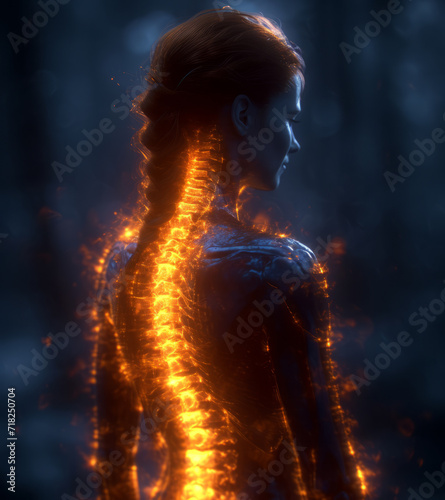 Womans body with the backbone highlighted. A woman stands confidently against a stunning backdrop of flickering flames.