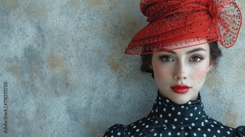 Retro Woman with Beehive Hair and Polka Dot Dress on Light Grey Background Generative AI