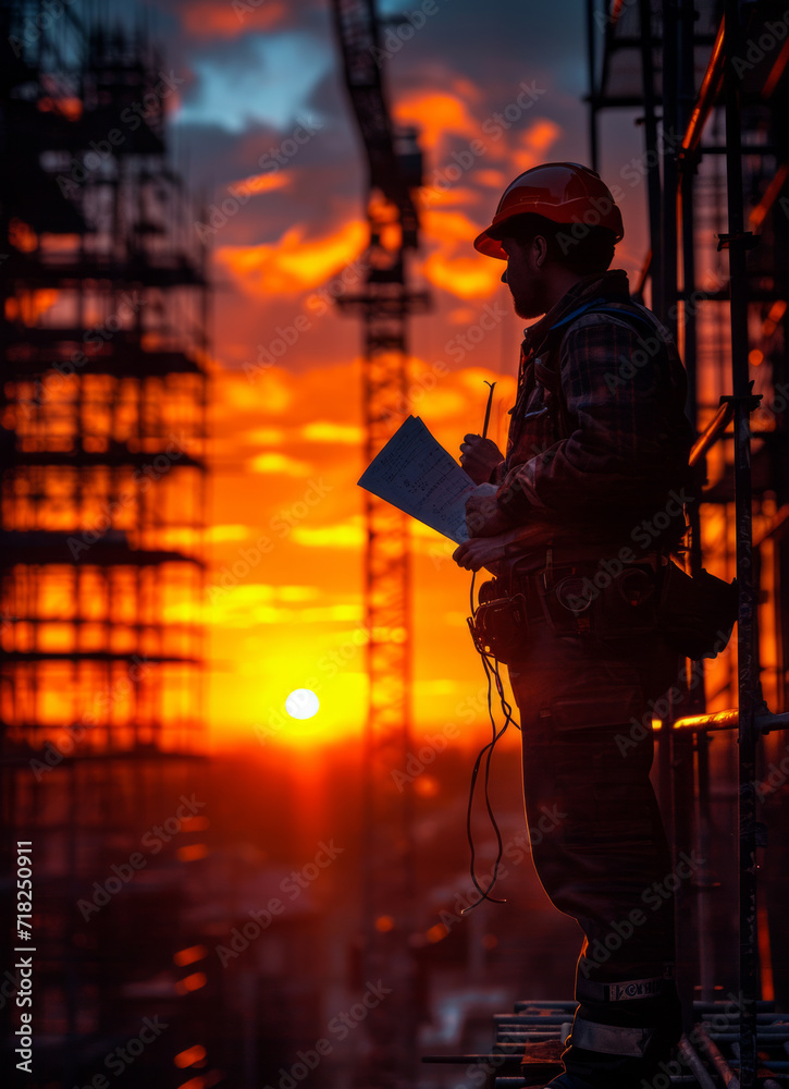 Building construction with man taking notes during sunset. A man stands on top of a building, mesmerized by the stunning sunset spreading across the horizon.
