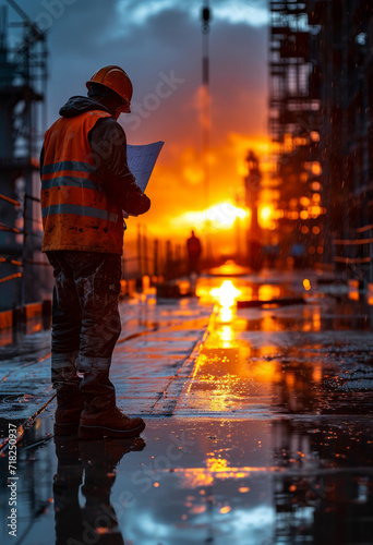 Building construction with man taking notes during sunset. A man stands on a wet street, holding a piece of paper.