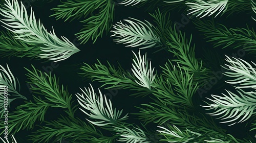 Abstraction of green needles with snow. Cartoon style illustration of a snowy landscape.