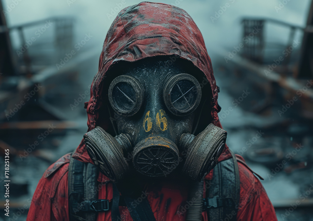 A man in red suit with a gas mask. This photo captures a man wearing a gas mask and red jacket, taking necessary precautions to keep himself safe. A man in red suit with a gas mask. This photo captures a man wearing a gas mask and red jacket, taking necessary precautions to keep himself safe.