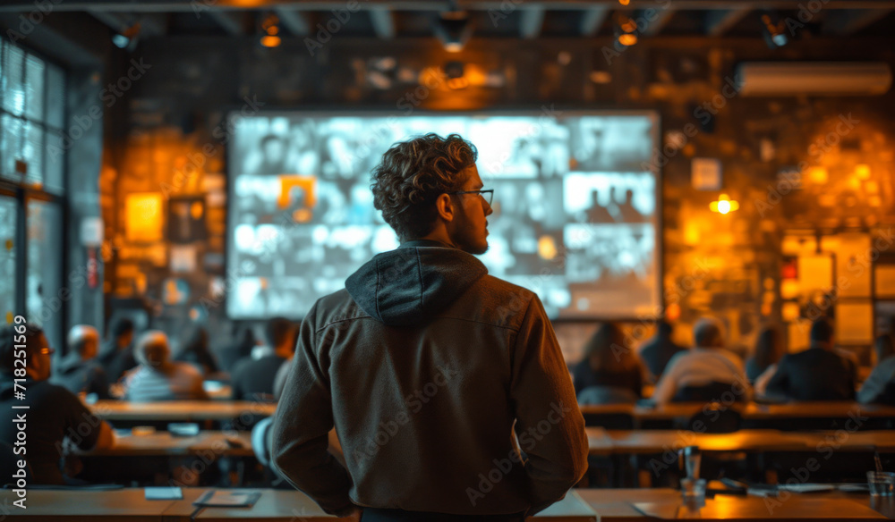 An employee is presenting to a room full of people. A man stands in front of a large screen in a restaurant. An employee is presenting to a room full of people. A man stands in front of a large screen in a restaurant.