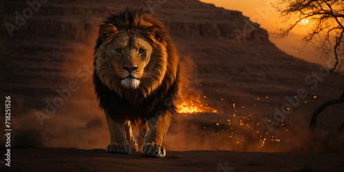 A powerful male lion surveys his African savanna domain from a rocky outcropping  his mane ablaze in the golden light of dawn.