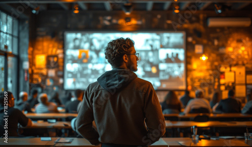 An employee is presenting to a room full of people. A man stands in front of a large screen in a restaurant.