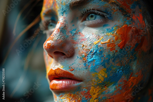A woman with an orange lipstick. This close-up photo showcases a woman with paint adorning her face.