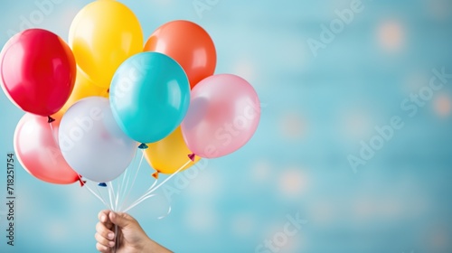 Close-up a hand holding colorful ballons on blue background.