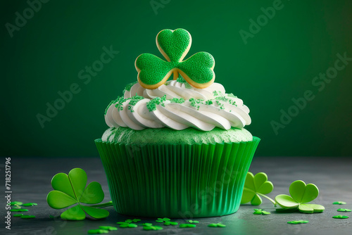 Wallpaper Mural St. Patrick's Day homemade cupcake with sugar green whipped cream, clover on stone background. Torontodigital.ca