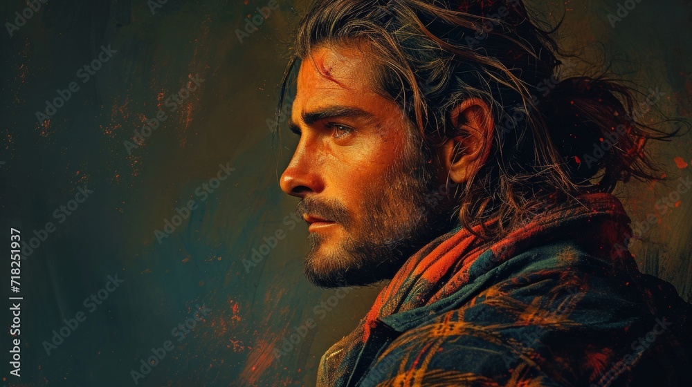 Digital Art of a Man with a Man Bun and Flannel on Dark Olive Background Generative AI Digital Art of a Man with a Man Bun and Flannel on Dark Olive Background Generative AI