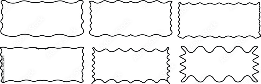 Zig zag edge rectangle shapes frame set. Simple geometrical monochrome shapes. Jagged patches. Black graphic design elements for decoration, banner, poster, template, sticker, badge, collage. Vector.