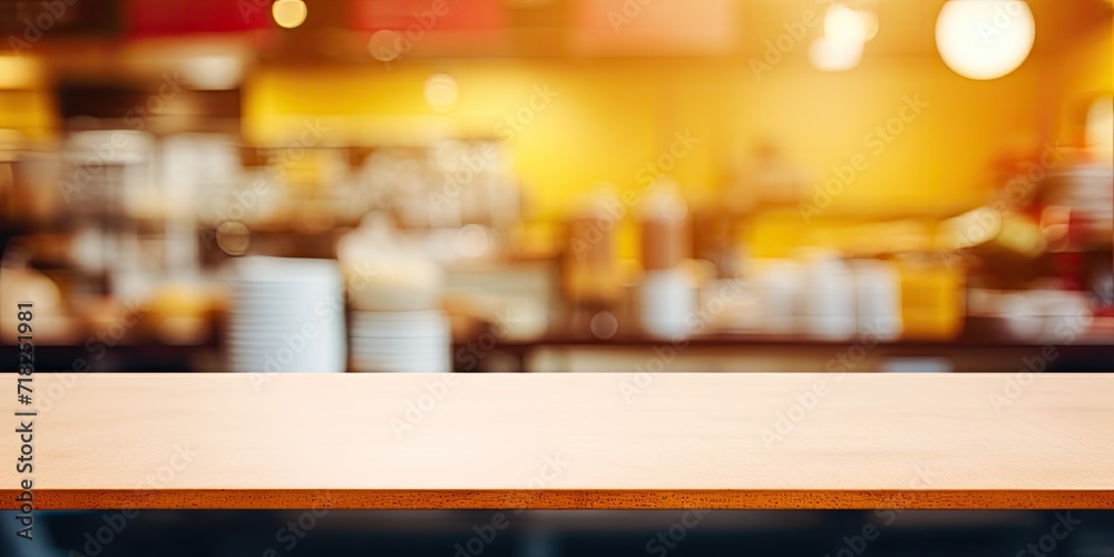 Blurred background of indoor food area with yellow board
