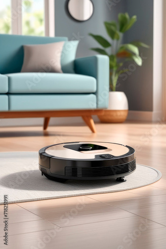 Modern robot vacuum cleaner working on blurred background of home interiorin a living room.