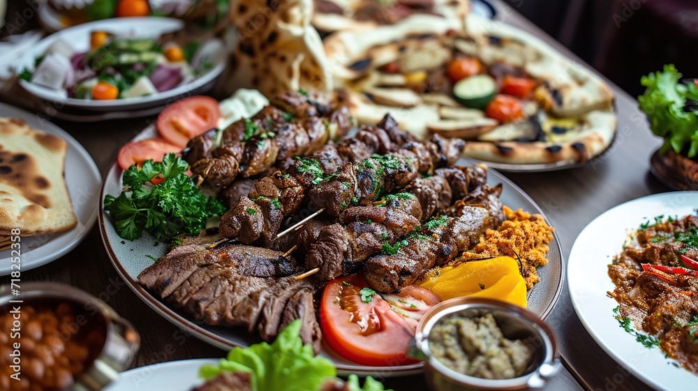 Arabic Traditional food on the table. Arabic grilled arabic food dishes. Kebab, dolma, mansaf and bread on table.