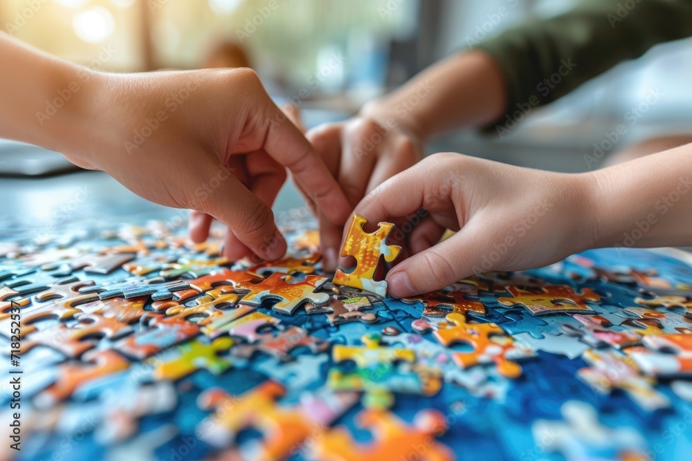 Child hands assembling puzzle pieces on a school desk Child hands assembling puzzle pieces on a school desk