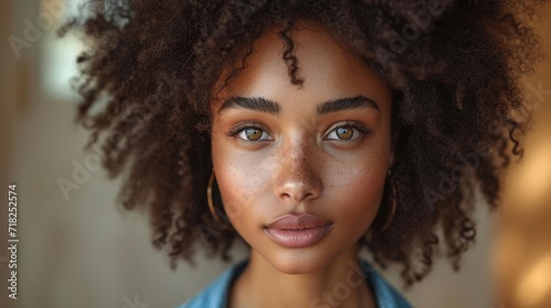 Digital Art of Woman with Short Afro and Denim Shirt on Light Tan Background Generative AI