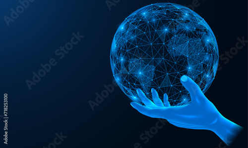 Hand holds the digital planet Earth. Polygonal design of interconnected lines and dots. Blue background.