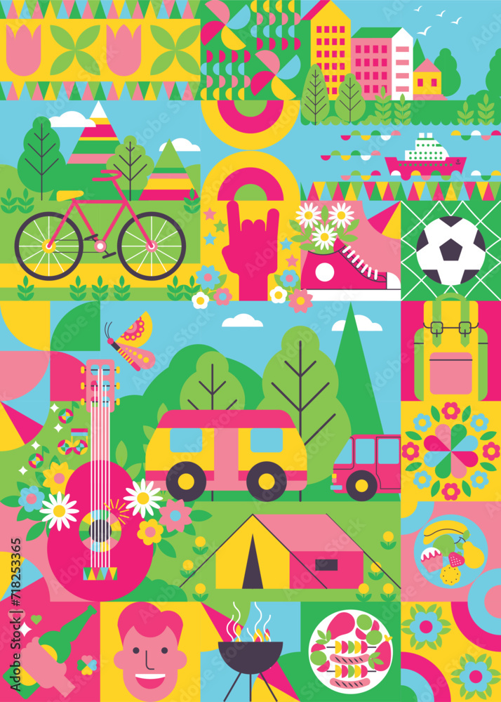 Bright geometric background with symbols of spring and summer outdoor activity. Camping, barbeque, bicycle, backpack, guitar. Landscape, nature, flowers, trees. Poster, banner, advertising