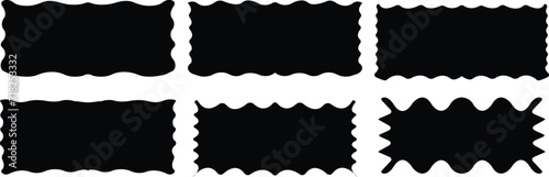 Zig zag edge rectangle shapes frame set. Simple geometrical monochrome shapes. Jagged patches. Black graphic design elements for decoration, banner, poster, template, sticker, badge, collage. Vector.