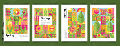 Set of spring nature geometric backgrounds. Abstract cover with icons of flowers, leaves, butterflies, ladybug, flying bird, rainbow. Beautiful floral pattern with stylized decorative elements