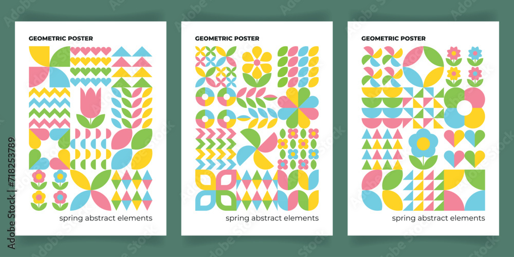 Set of geometric posters with abstract shapes and flowers. Spring minimal background with floral elements. Banner, flyer, label, pattern
