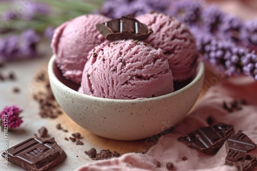 Balls of pink ice cream covered with chocolate. Strawberry flavor