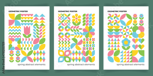 Set of geometric posters with abstract shapes and flowers. Spring minimal background with floral elements. Banner  flyer  label  pattern