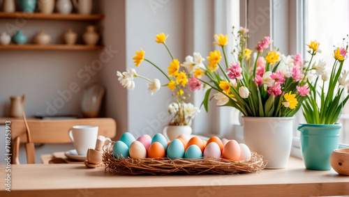 Easter holidays. Painted Easter eggs and spring flowers in a bright kitchen. The concept of preparing for the holidays