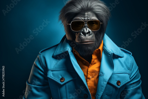 Blue gorilla with sunglasses in clothes